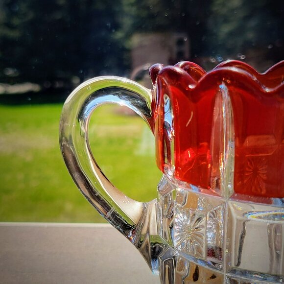 Antique EAPG Glass Creamer Tarentum Glass Block & Star Ruby Stained c.1910 USA - Picture 5 of 10